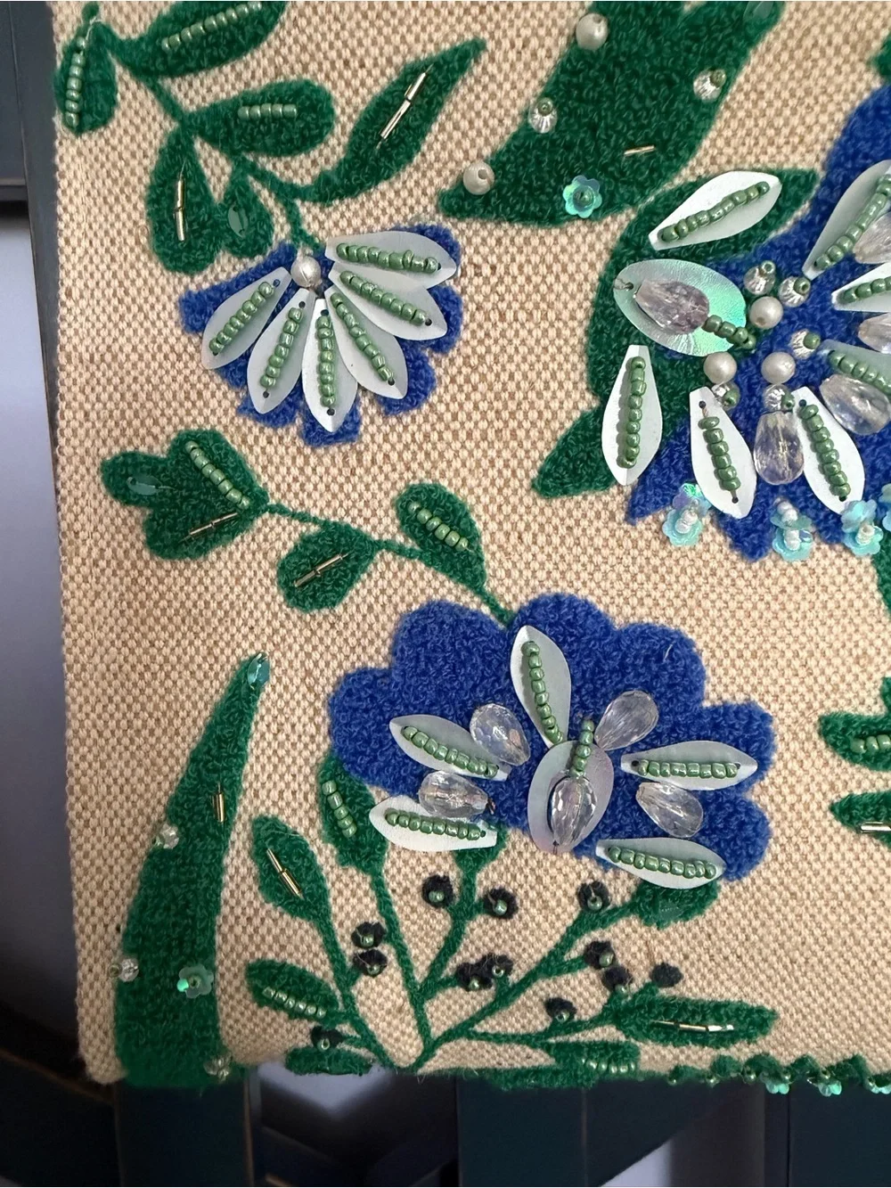 Beaded Bag Floral Embroidered Tote - Green and Blue NWT